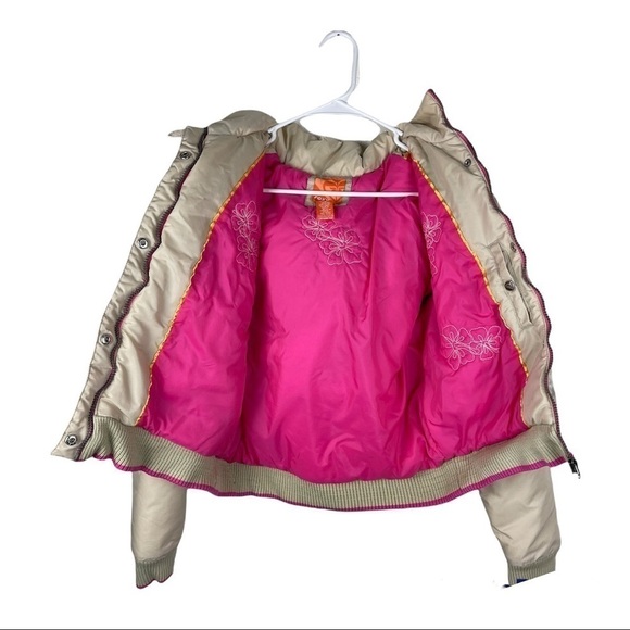 Roxy Junior Large White Pink Flower Embroidered Jacket Removable Hood - Picture 2 of 8